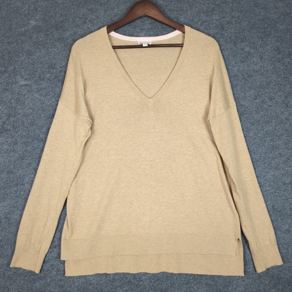 Gap Womens Tan Beige Silk Blend V-Neck Pullover Sweater Size M Drop Shoulder - Picture 2 of 11